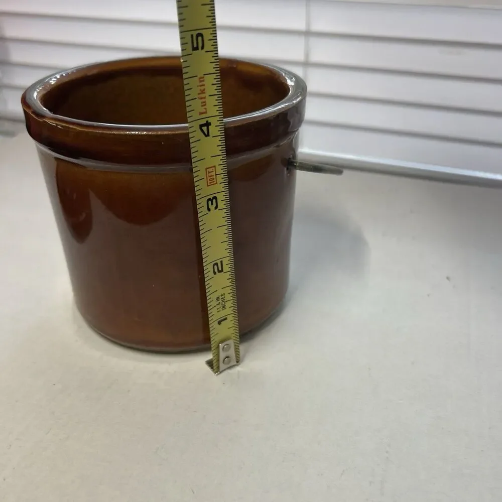 Vintage Brown Glazed Stoneware Cheese Crock Lid Locking Wire Bail Jar Flaws 5”